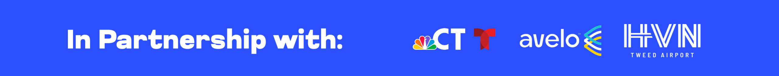 2 In Partnership with: NBC CT, Telemundo, Avelo Airlines logos on a blue background.